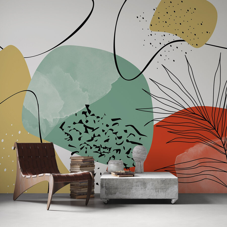 Papel de parede Arte colorida com formas pretas, vermelhas e amarelas