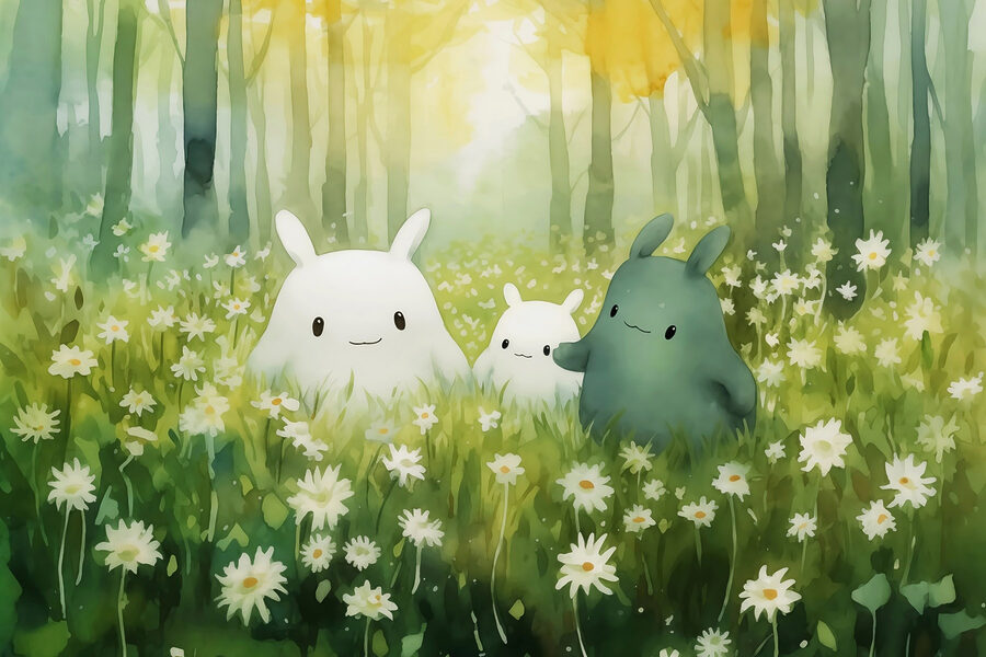 Grupo de personagens de desenhos animados num campo de flores