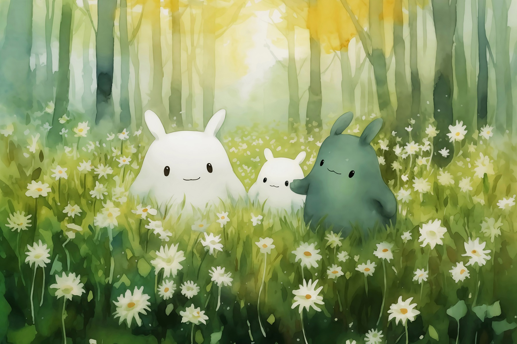 Group of cartoon characters in a field of flowers Group of cartoon characters in a field of flowers