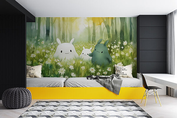 Papel de parede Papel de parede Grupo de personagens de desenhos animados num campo de flores (REF: w02174)