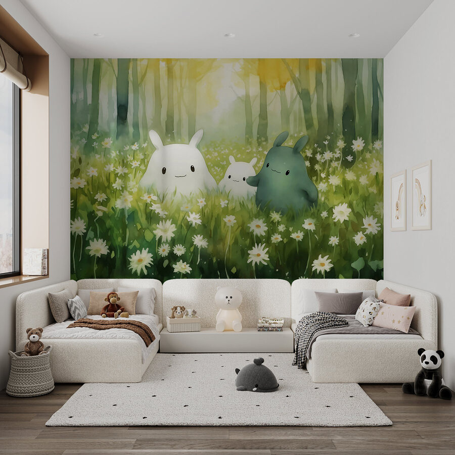 Grupo de personagens de desenhos animados num campo de flores
