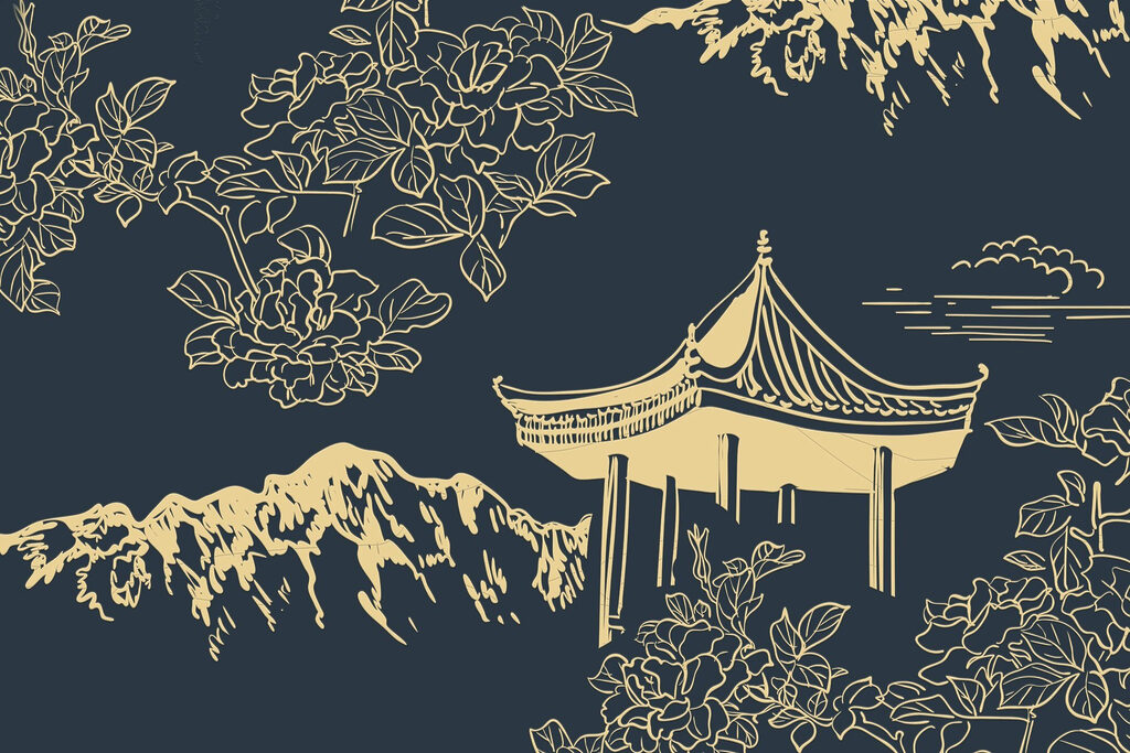 Pagode e montanhas com flores Pagode e montanhas com flores