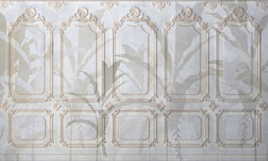 Parede com desenhos ornamentados em branco e castanho Parede com desenhos ornamentados em branco e castanho