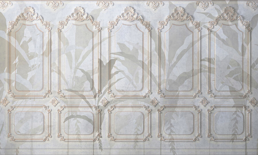 Parede com desenhos ornamentados em branco e castanho