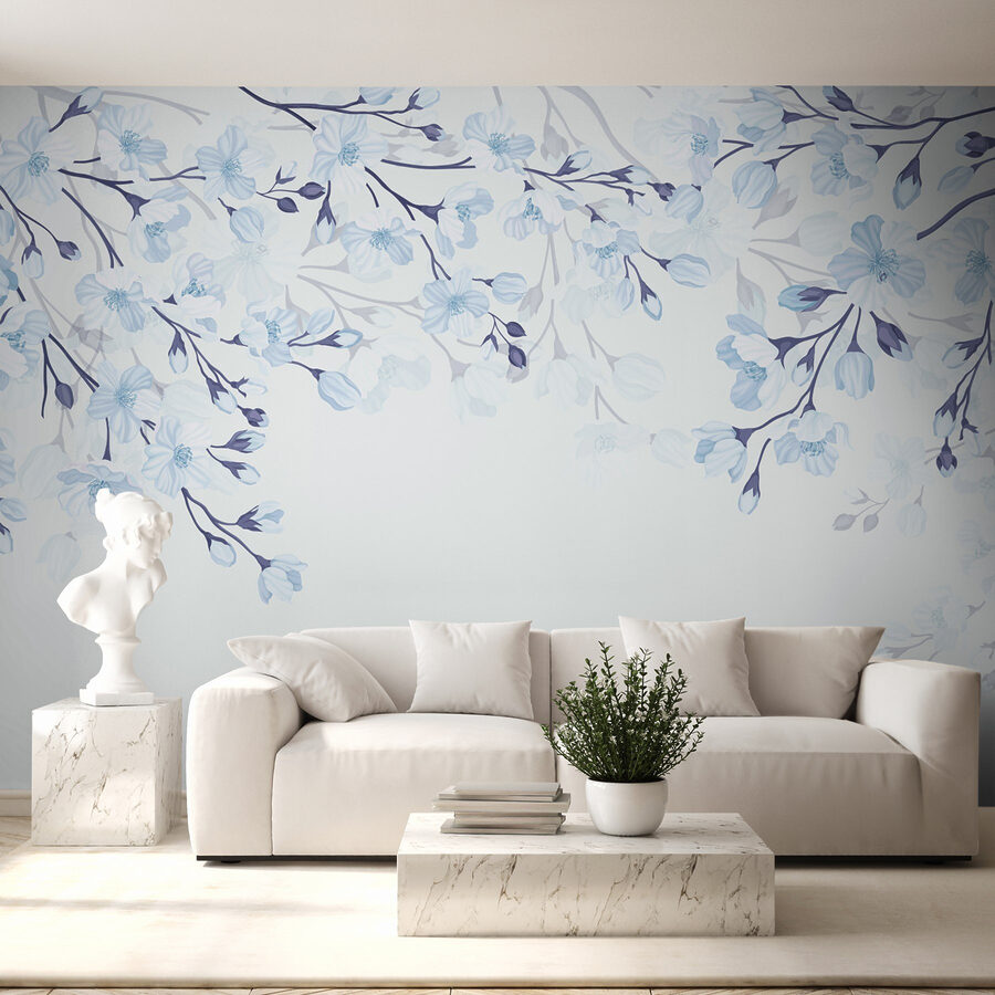 Papel de parede Flores brancas e azuis sobre um fundo branco