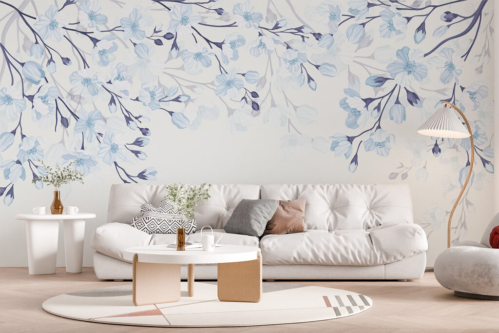 White and blue flowers on a white background