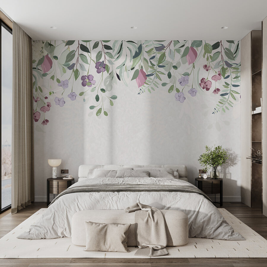 Rebordo floral com flores e folhas roxas