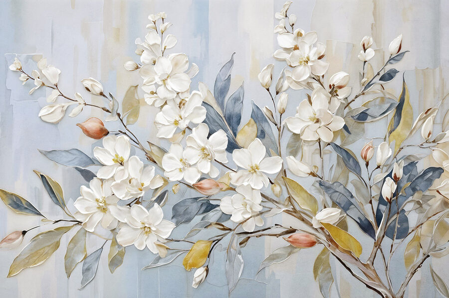 Pintura de flores e folhas brancas