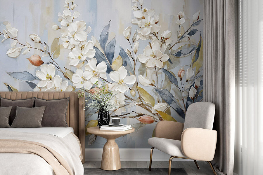 Pintura de flores e folhas brancas