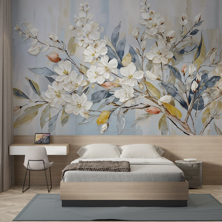 Pintura de flores e folhas brancas