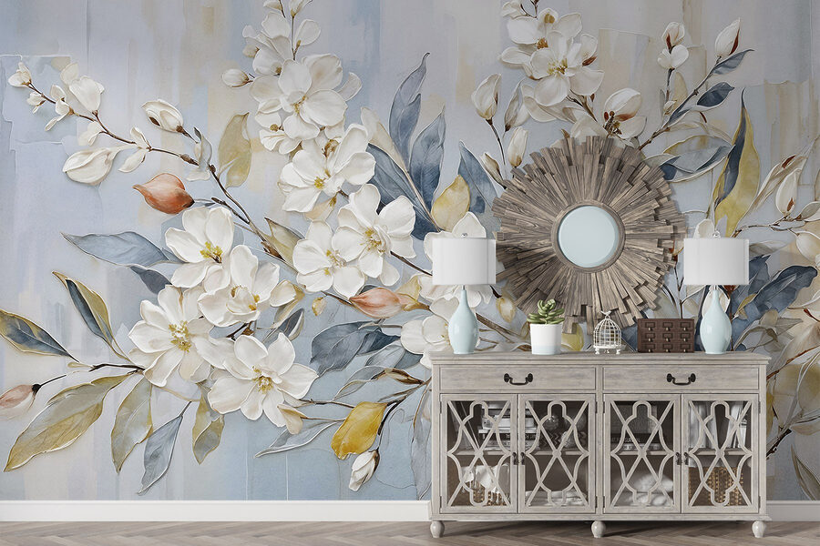 Pintura de flores e folhas brancas