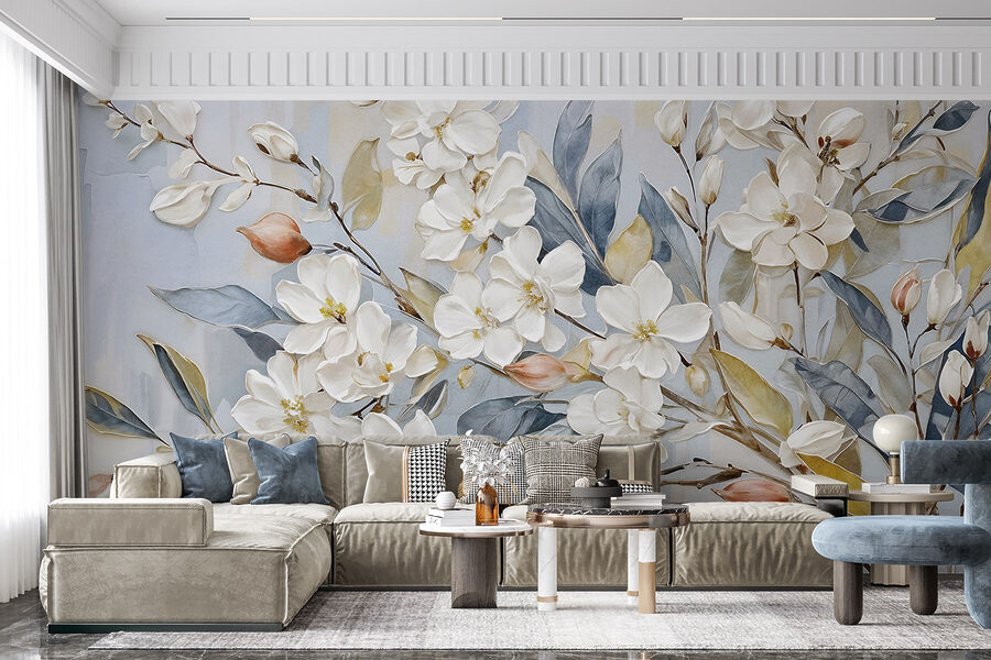 Pintura de flores e folhas brancas