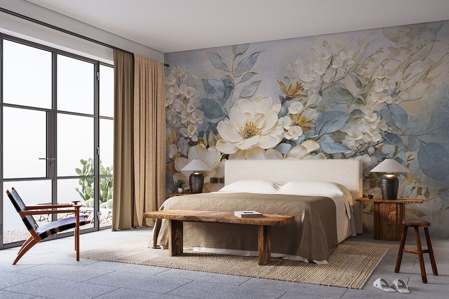 Pintura de flores e folhas