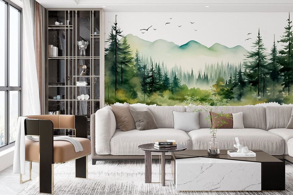 Watercolor of a forest and mountains