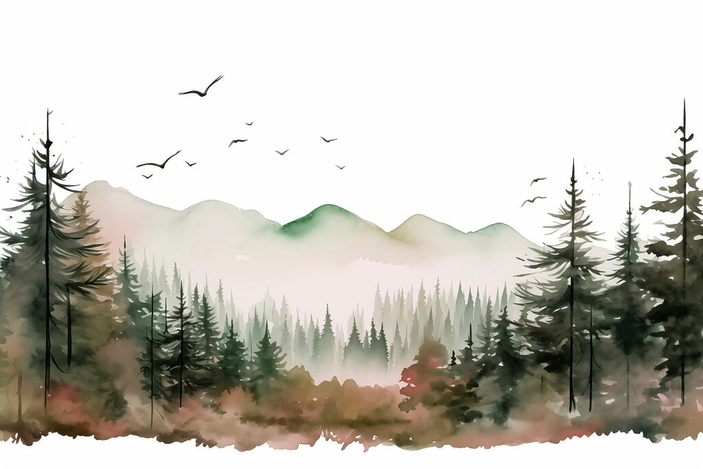 Pintura a aguarela de uma floresta e montanhas Pintura a aguarela de uma floresta e montanhas