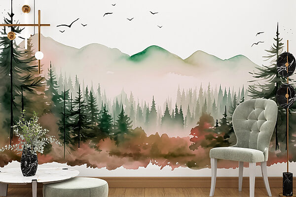 Pintura a aguarela de uma floresta e montanhas Pintura a aguarela de uma floresta e montanhas