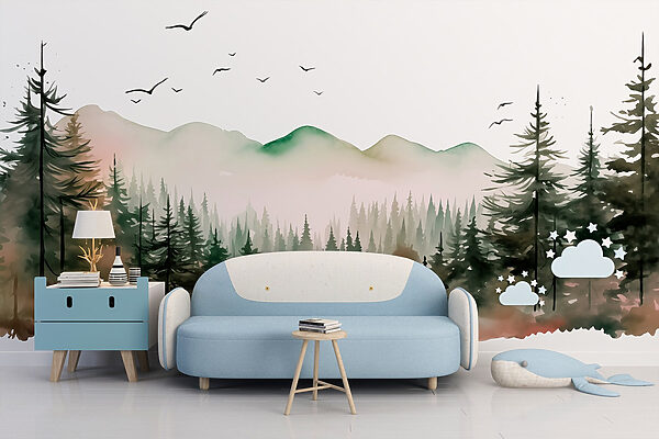 Pintura a aguarela de uma floresta e montanhas Pintura a aguarela de uma floresta e montanhas