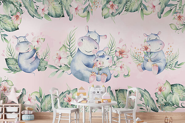 Papel de parede Padrão sem costuras de hipopótamos e flores em aguarela (REF: w02237) Papel de parede Papel de parede Padrão sem costuras de hipopótamos e flores em aguarela (REF: w02237)