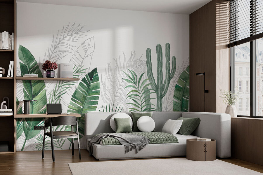 Papel de parede Grupo de folhas verdes e cactos