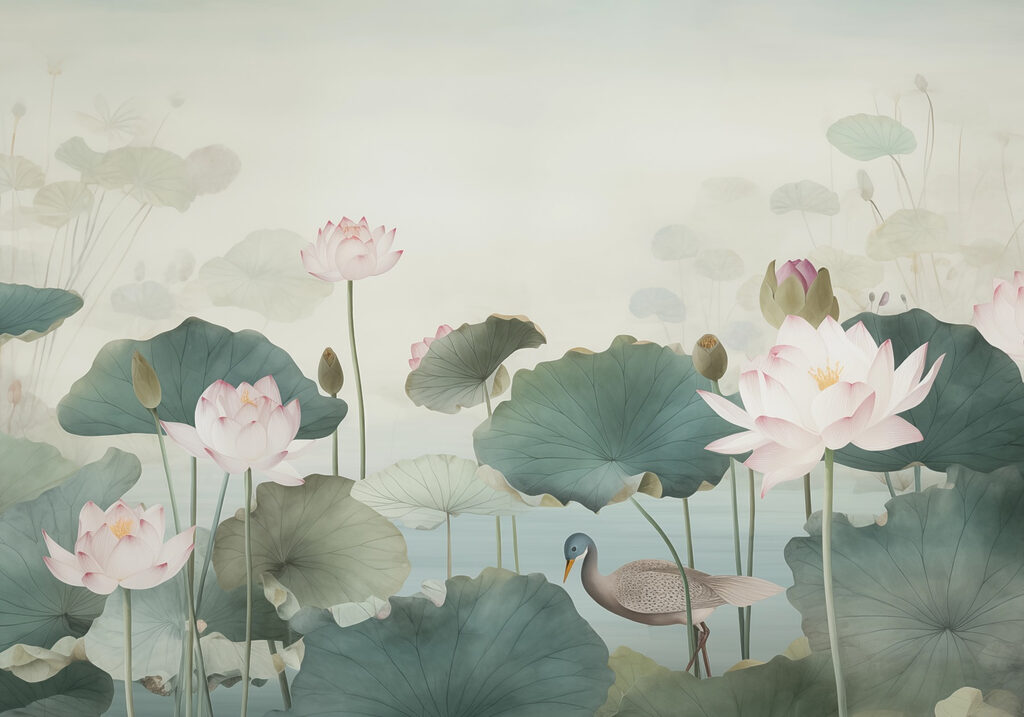 Pato numa lagoa com flores de lótus Pato numa lagoa com flores de lótus