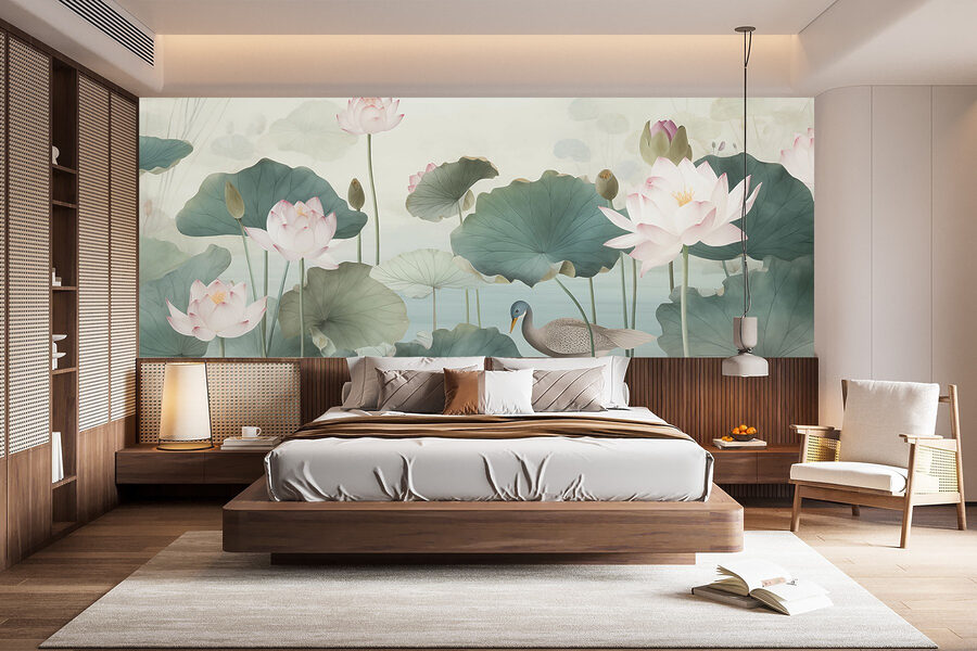 Papel de parede Pato numa lagoa com flores de lótus