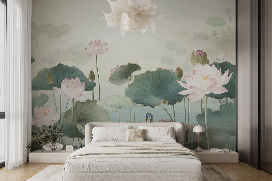 Papel de parede Pato numa lagoa com flores de lótus - Image 2