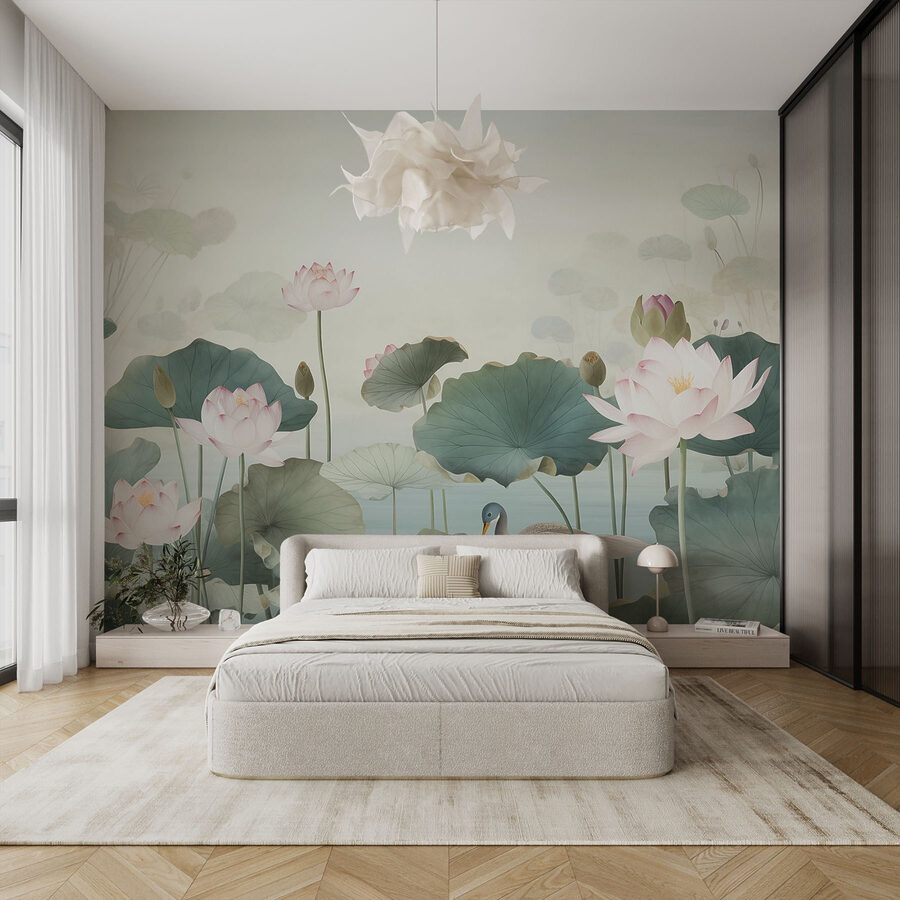 Papel de parede Pato numa lagoa com flores de lótus - Image 3