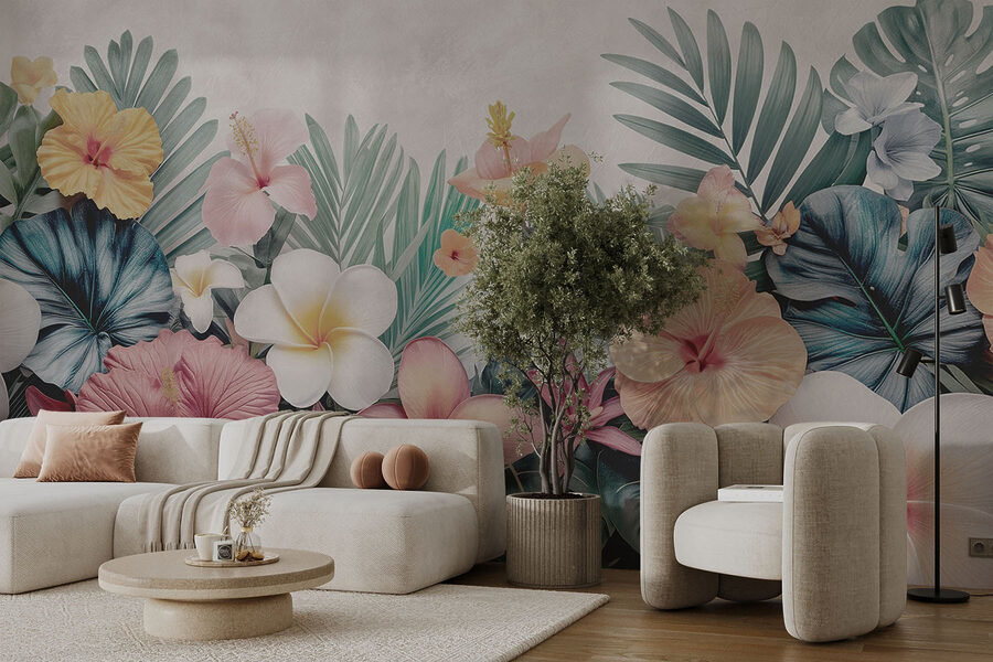 Grupo de flores e folhas