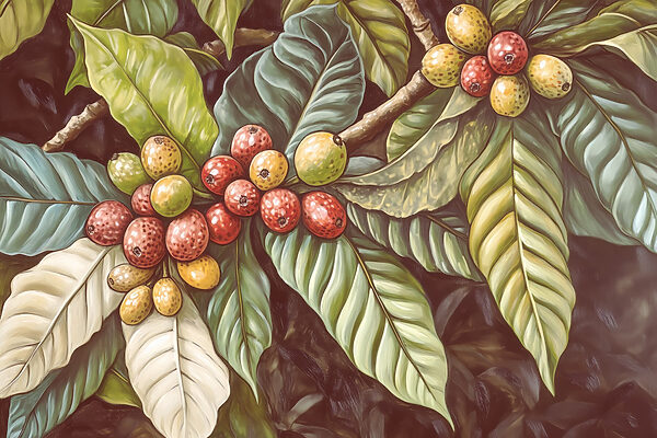 Folhas exuberantes com cachos de frutos vibrantes Folhas exuberantes com cachos de frutos vibrantes