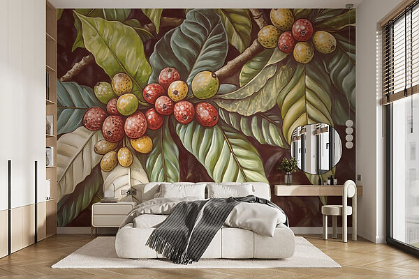 Folhas exuberantes com cachos de frutos vibrantes Folhas exuberantes com cachos de frutos vibrantes