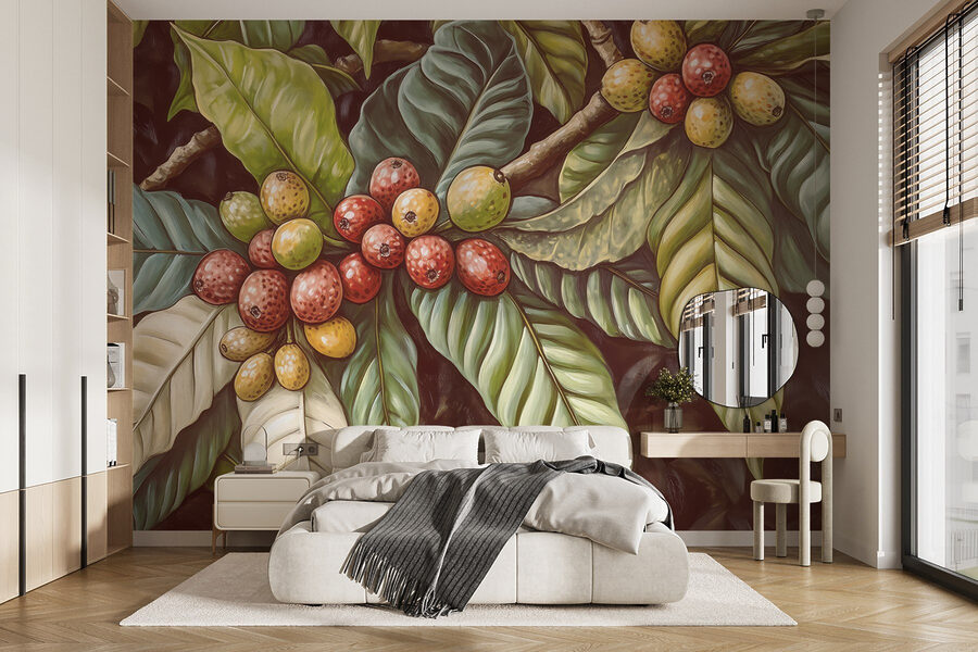 Folhas exuberantes com cachos de frutos vibrantes Folhas exuberantes com cachos de frutos vibrantes