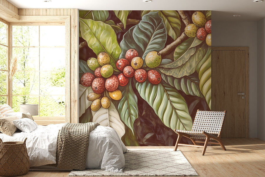 Folhas exuberantes com cachos de frutos vibrantes Folhas exuberantes com cachos de frutos vibrantes