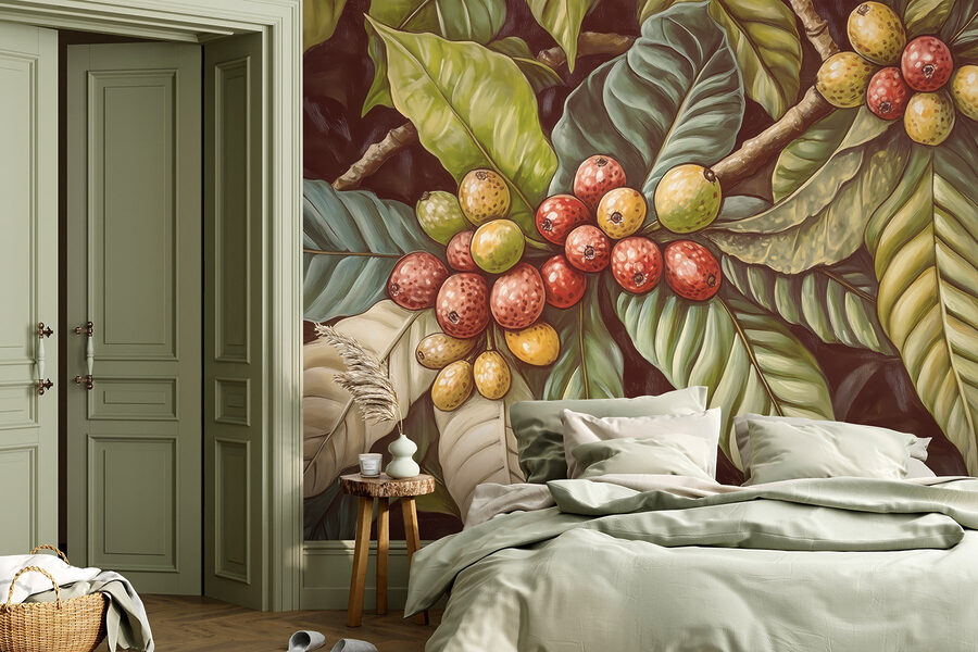 Folhas exuberantes com cachos de frutos vibrantes Folhas exuberantes com cachos de frutos vibrantes