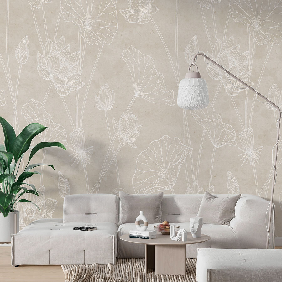 Papel de parede Desenho de linha branca de flores