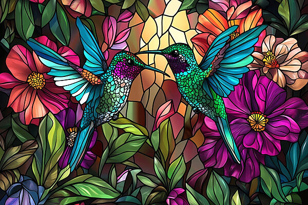 Vitral com pássaros coloridos Vitral com pássaros coloridos