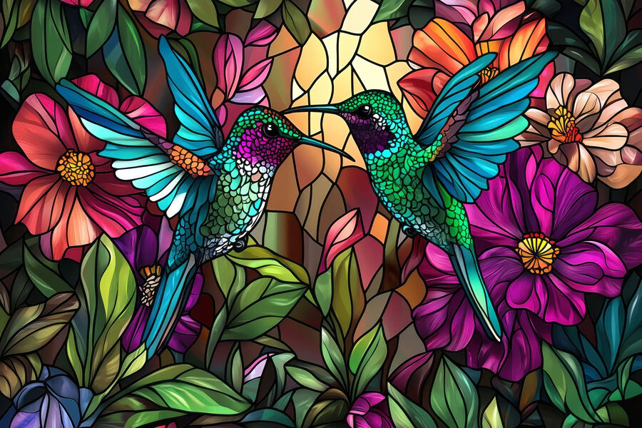 Vitral com pássaros coloridos