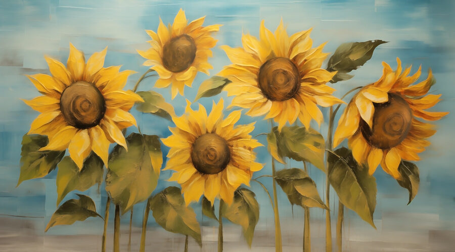 Pintura de girassóis numa parede