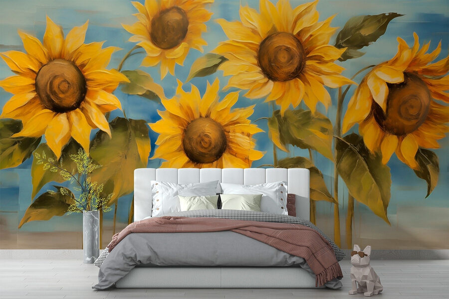 Pintura de girassóis numa parede