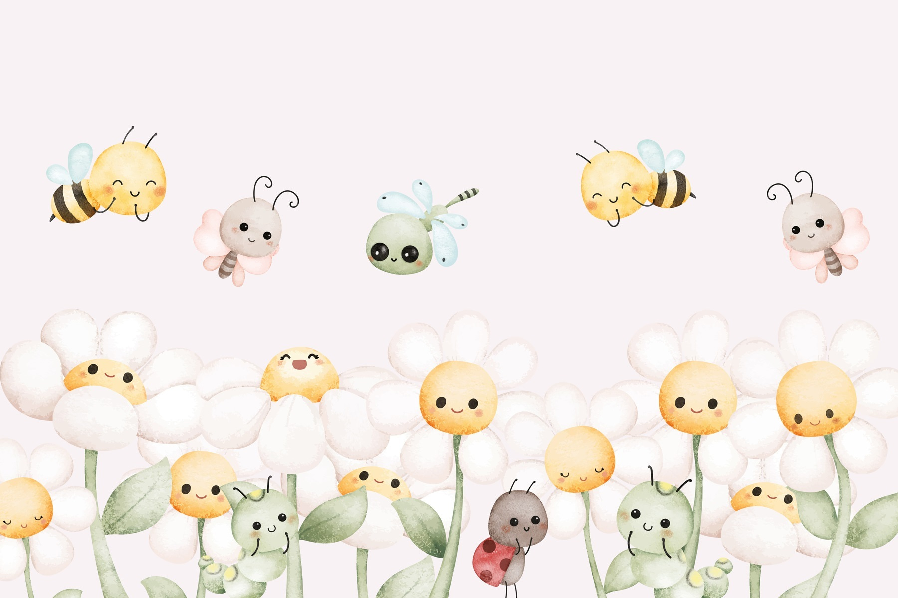 Group of cartoon bugs and flowers