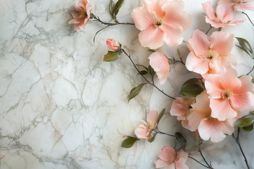 Group of pink flowers on a marble surface
