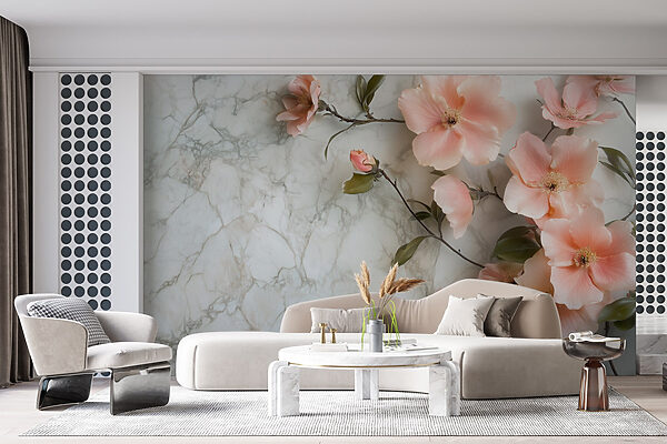 Papel de parede Grupo de flores cor-de-rosa numa superfície de mármore (REF: w02291) Papel de parede Papel de parede Grupo de flores cor-de-rosa numa superfície de mármore (REF: w02291)
