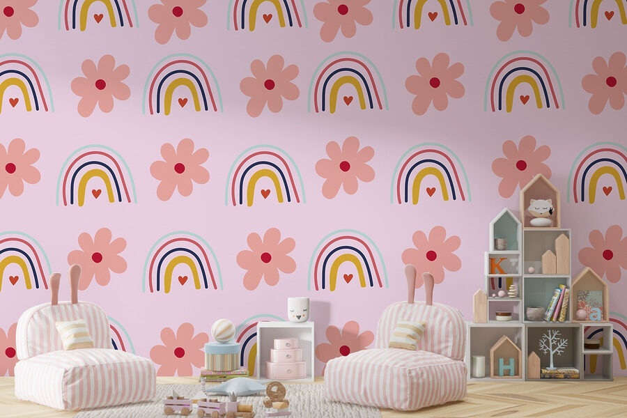 Padrão de flores e arco-íris