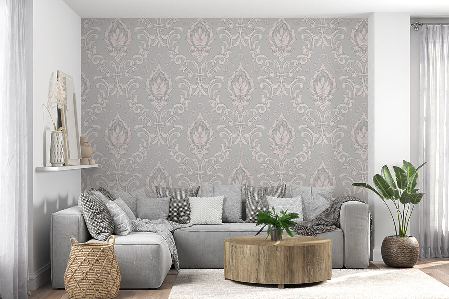 Papel de parede com desenhos em rosa e branco