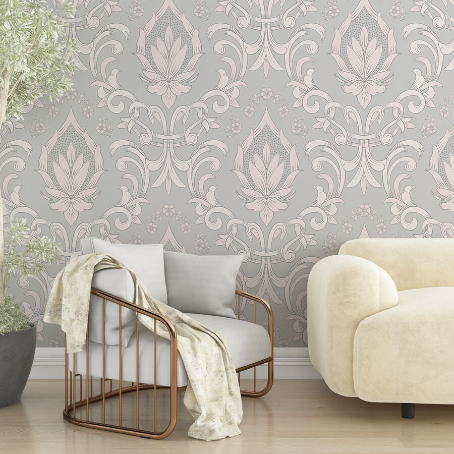 Papel de parede com desenhos em rosa e branco