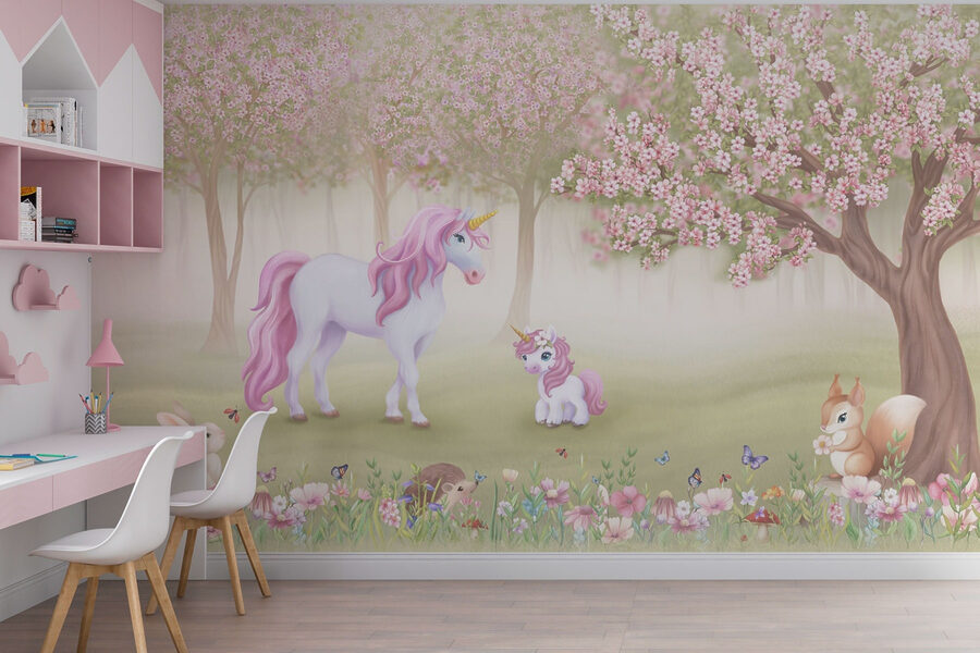 Papel de parede Unicórnio e um esquilo numa floresta