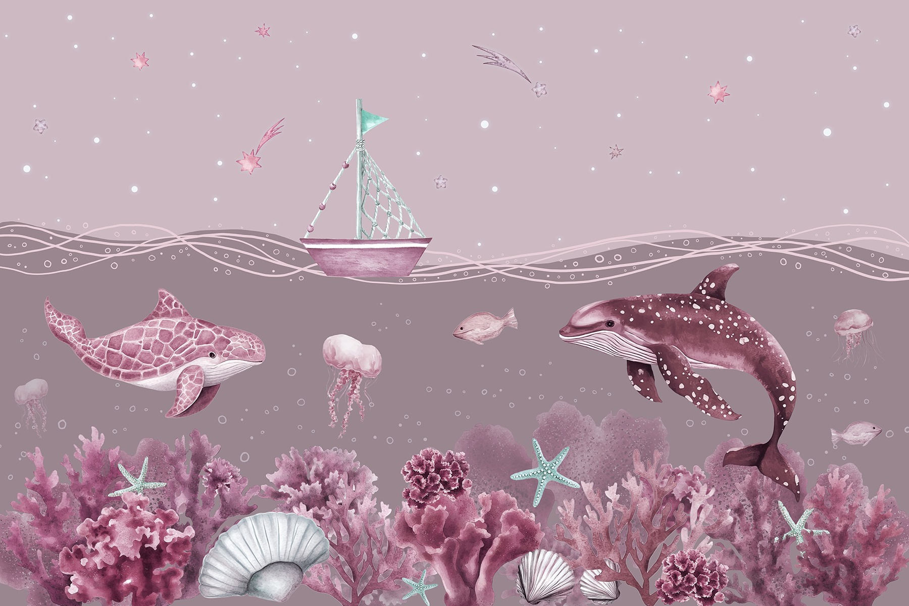 Sea life with a boat and fish Sea life with a boat and fish