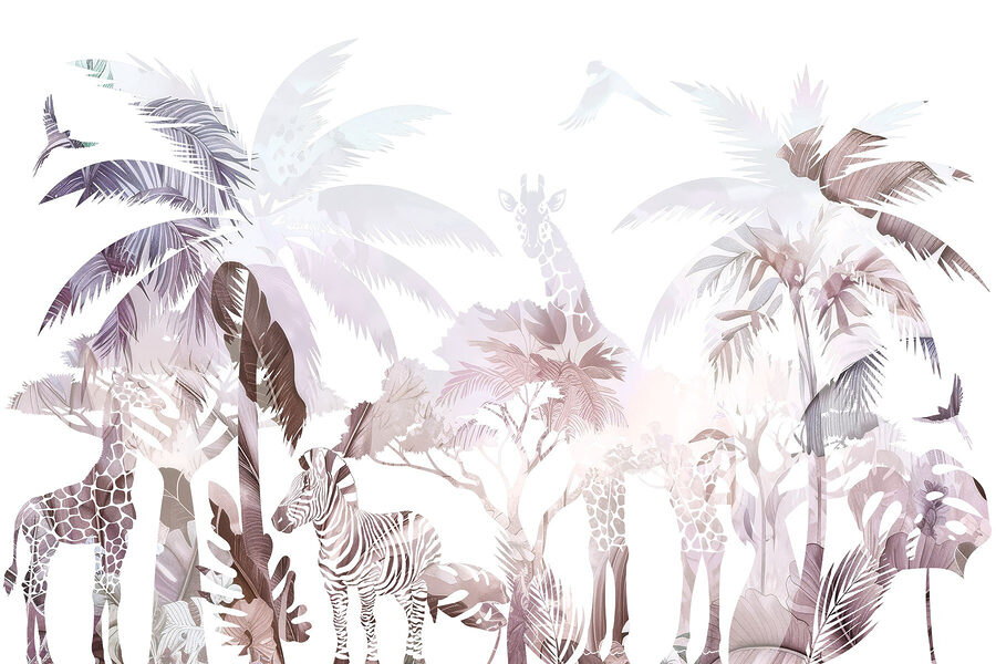 Zebras e girafas numa floresta