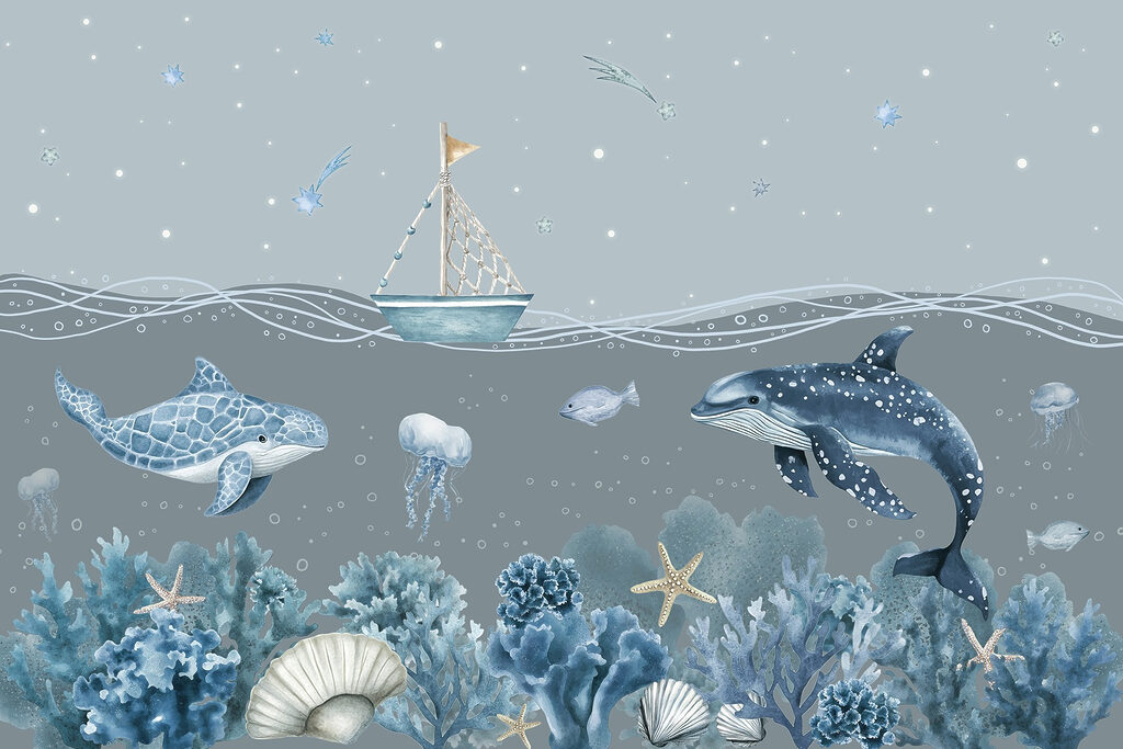 Vida marinha com um barco e peixes Vida marinha com um barco e peixes