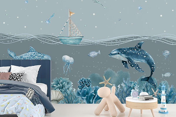 Vida marinha com um barco e peixes Vida marinha com um barco e peixes