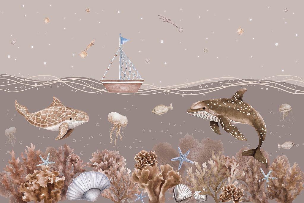 Vida marinha com um barco e peixes Vida marinha com um barco e peixes